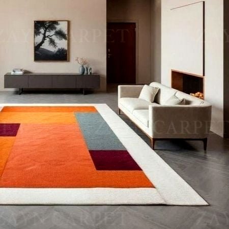 Handcrafted Orange Block Pattern Living Room Rug
